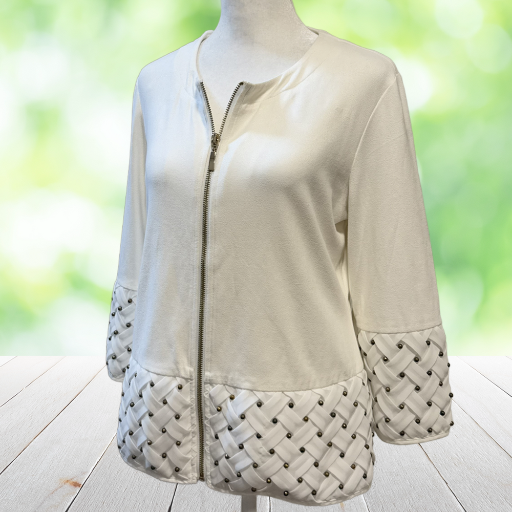 CHICOS Travelers Jacket Suede Knit Woven Ribbon Studded Full Zip White Sz 0 (S)